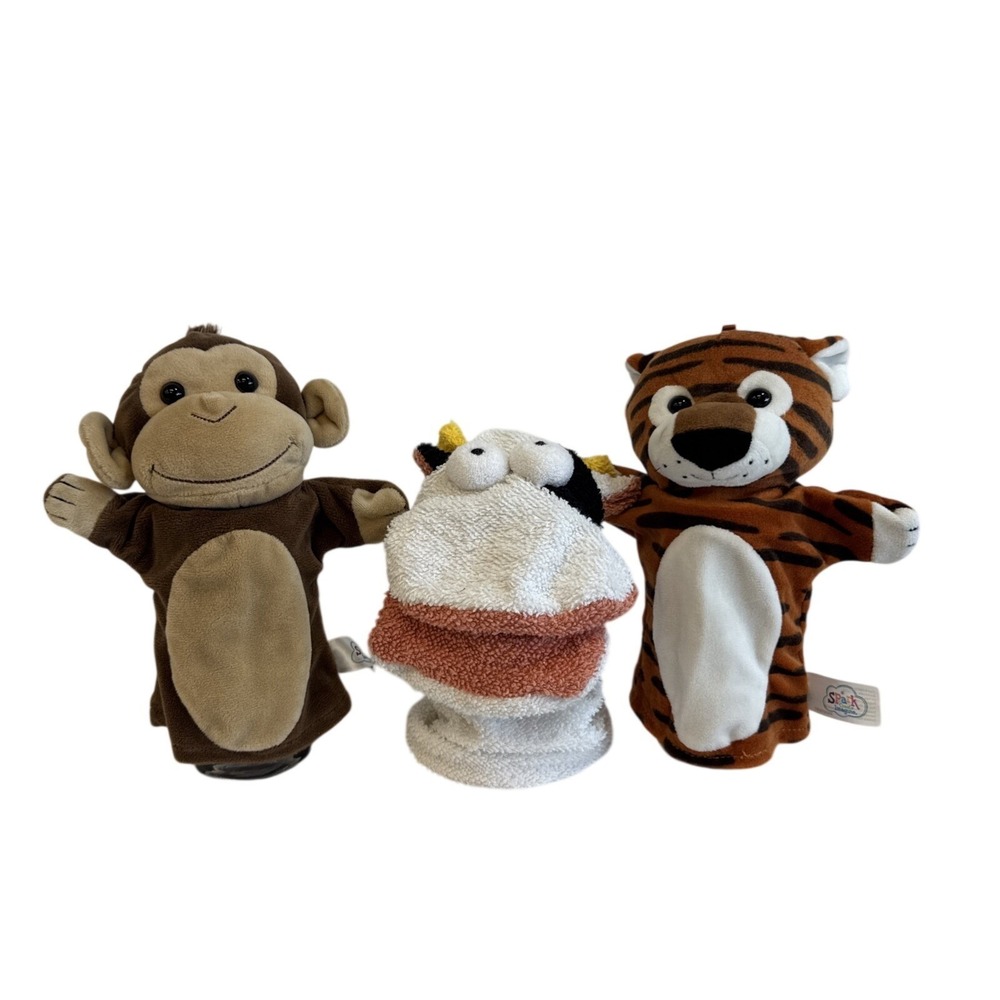 Spark Create Imagine Animal Hand Puppets Set of 3 Monkey‎ Tiger Cow Plush Toys
